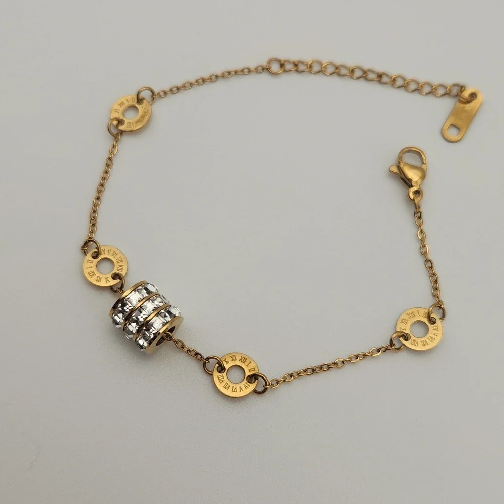 Gold Tone Roman Numeral Chain Bracelet | Zircon Accent Detail | Elegant Minimal - Picture 3 of 7